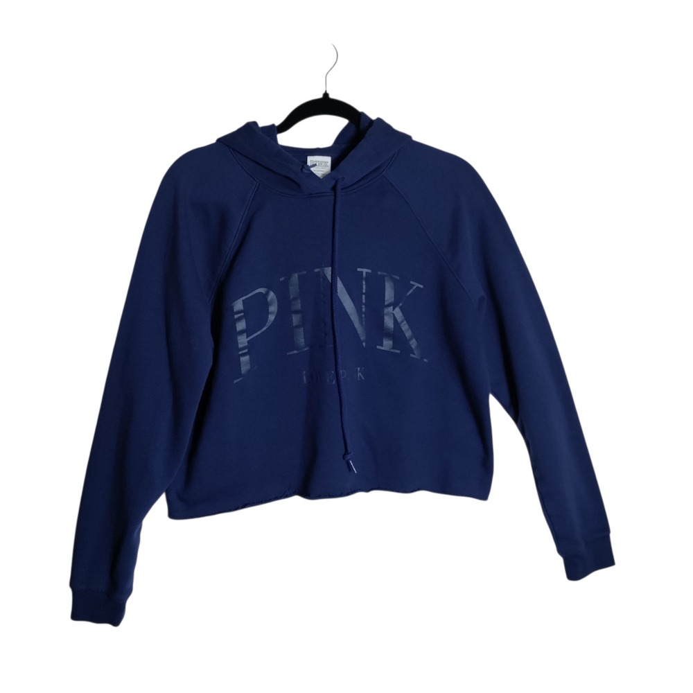 PINK‎ Victoria's Secret Navy Blue Cropped Hoodie Logo Sweatshirt Womens Medium